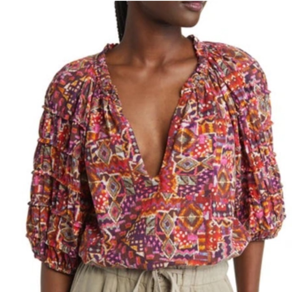 XiRENA Lucia Kaleidoscope 100% Cotton Puff Sleeve Deep-Veck Top Size XS